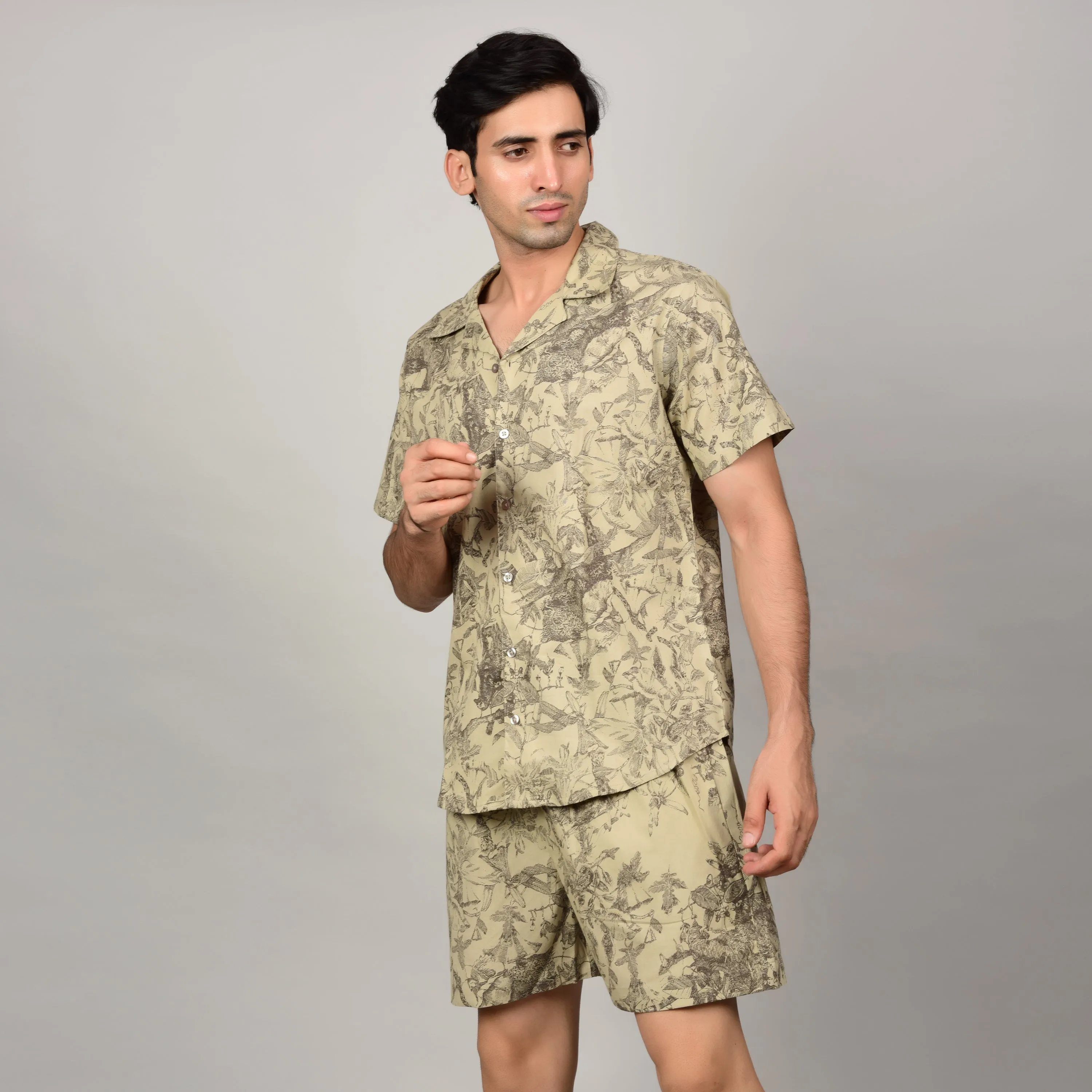 Men's Light Olive Cord Shirt & Short Set