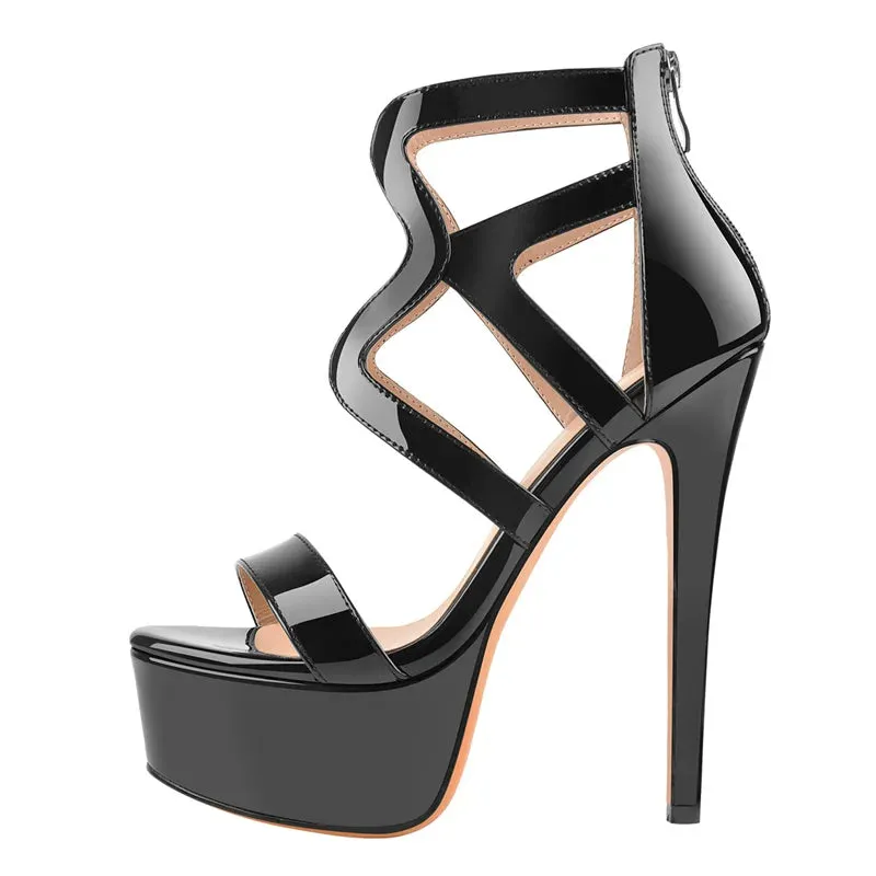 Patent Leather Platform Open Toe Ankle Strap Thin High Heel Sandals